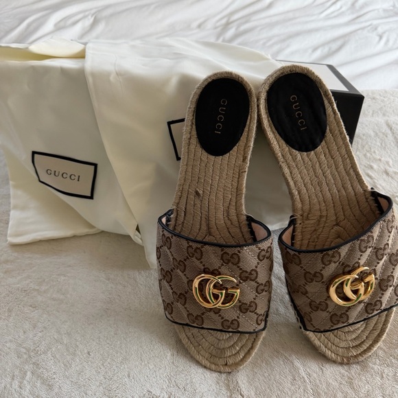 Gucci Shoes - Gucci Brown GG Espadrille Sandal with Gold Double G